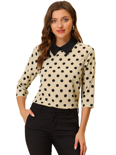 Polka Dots Contrast Peter Pan Collar Top 3/4 Sleeve Blouse Shirt