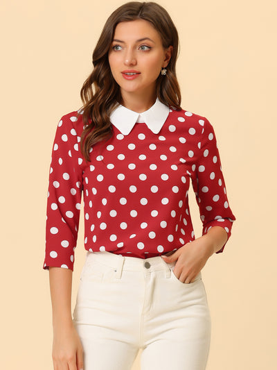 Polka Dots Contrast Peter Pan Collar Top 3/4 Sleeve Blouse Shirt