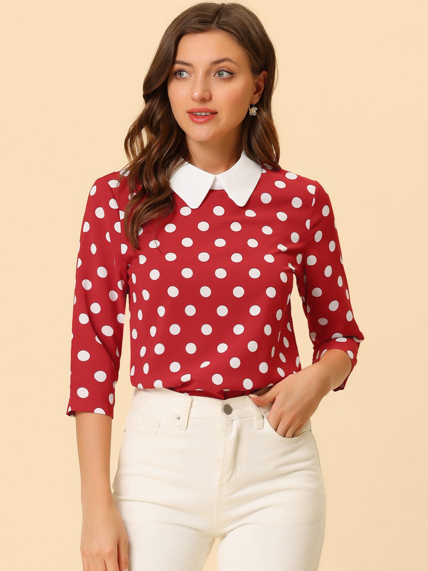 Allegra K Polka Dots Contrast Peter Pan Collar Top 3/4 Sleeve Blouse Shirt