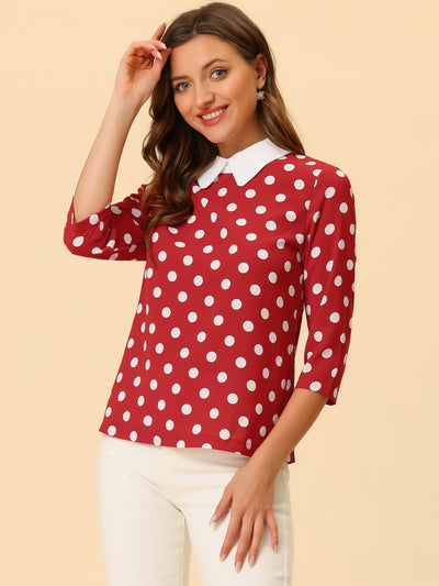 Polka Dots Contrast Peter Pan Collar Top 3/4 Sleeve Blouse Shirt