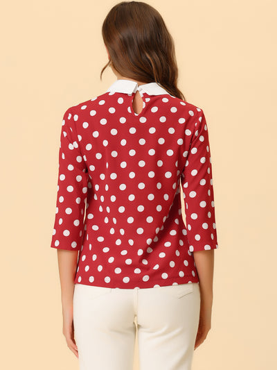 Polka Dots Contrast Peter Pan Collar Top 3/4 Sleeve Blouse Shirt