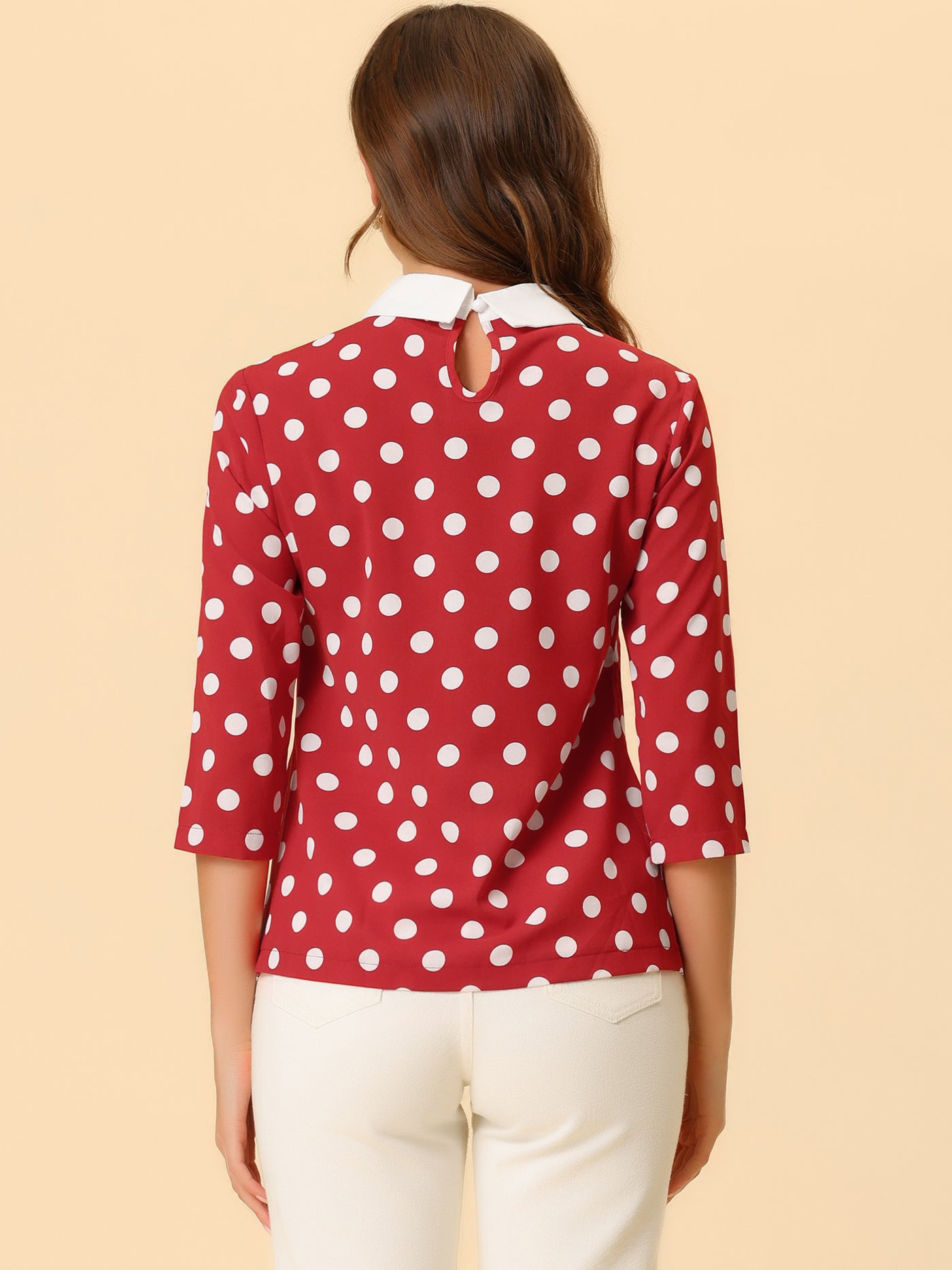 Allegra K Polka Dots Contrast Peter Pan Collar Top 3/4 Sleeve Blouse Shirt