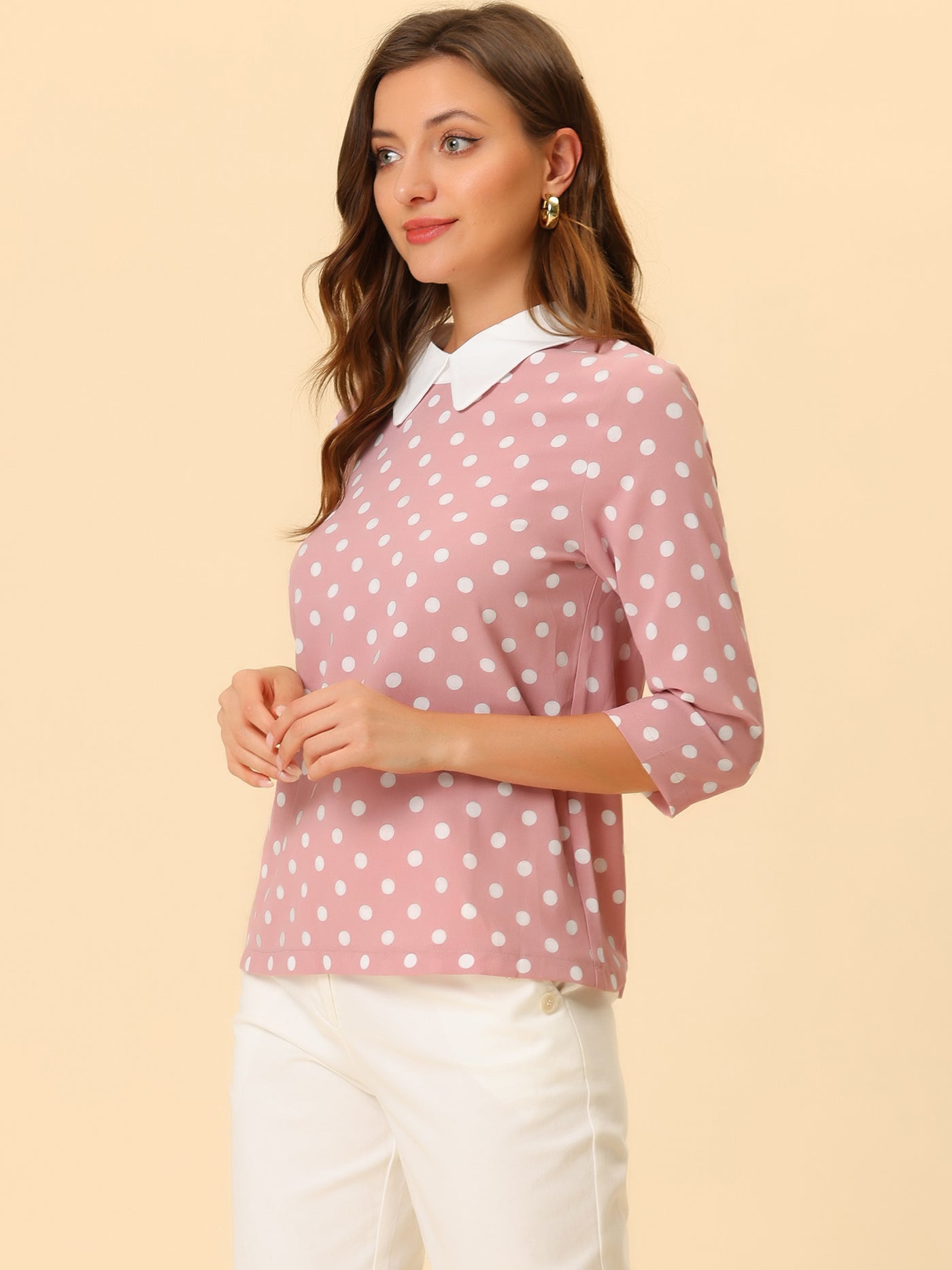 Allegra K Polka Dots Contrast Peter Pan Collar Top 3/4 Sleeve Blouse Shirt