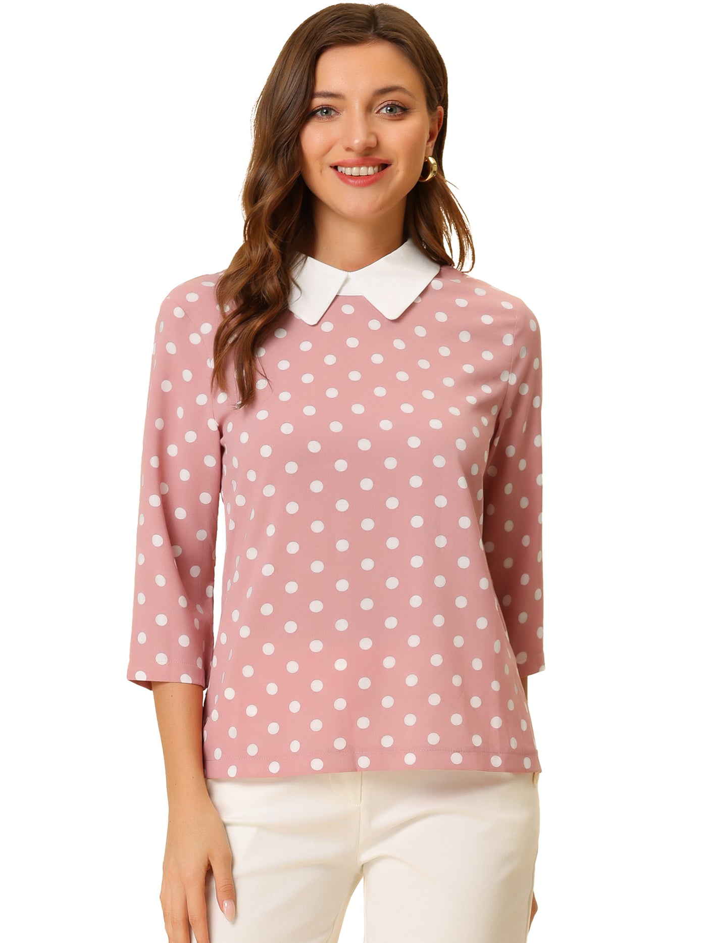 Allegra K Polka Dots Contrast Peter Pan Collar Top 3/4 Sleeve Blouse Shirt