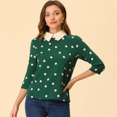 Polka Dots Contrast Peter Pan Collar Top 3/4 Sleeve Blouse Shirt