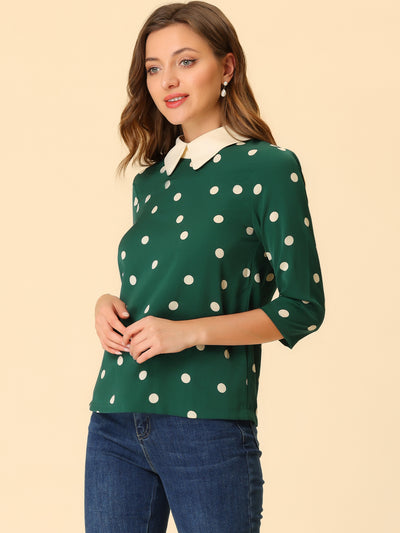 Polka Dots Contrast Peter Pan Collar Top 3/4 Sleeve Blouse Shirt