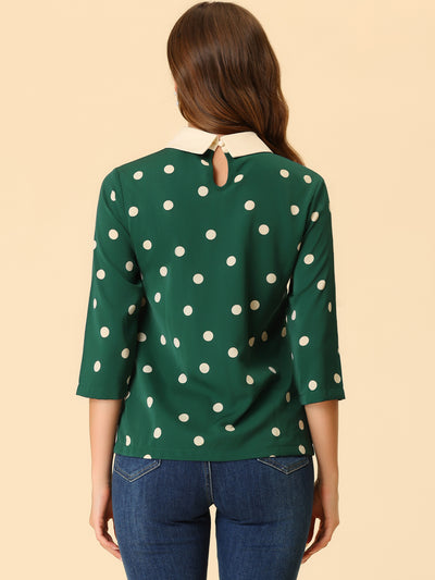 Polka Dots Contrast Peter Pan Collar Top 3/4 Sleeve Blouse Shirt