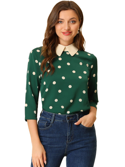 Polka Dots Contrast Peter Pan Collar Top 3/4 Sleeve Blouse Shirt