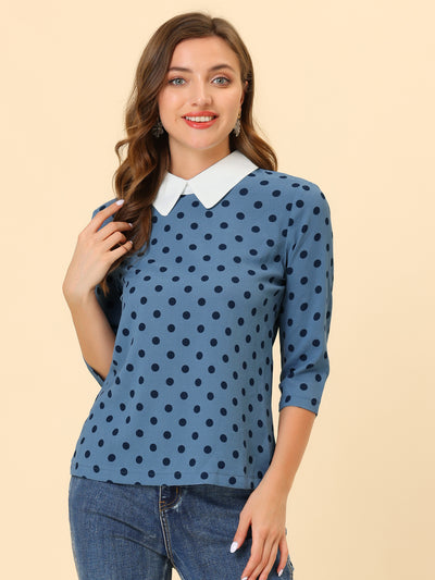 Polka Dots Contrast Peter Pan Collar Top 3/4 Sleeve Blouse Shirt