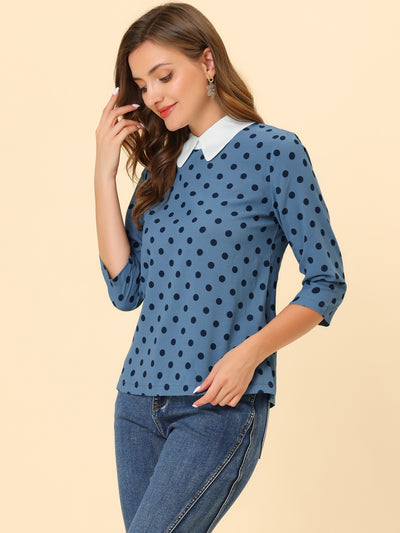 Polka Dots Contrast Peter Pan Collar Top 3/4 Sleeve Blouse Shirt