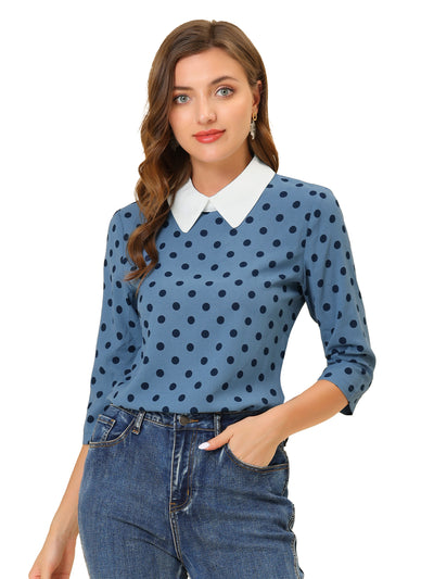 Polka Dots Contrast Peter Pan Collar Top 3/4 Sleeve Blouse Shirt