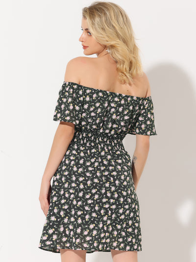 Ditsy Floral Summer Off Shoulder Chiffon Smocked Short Dress