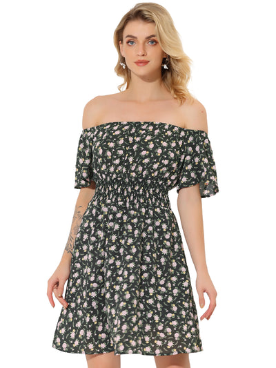 Ditsy Floral Summer Off Shoulder Chiffon Smocked Short Dress