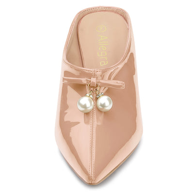 Pointed Toe Pearl Bow Chunky Heel Slides Mules