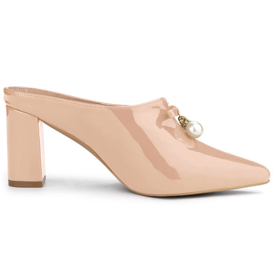 Pointed Toe Pearl Bow Chunky Heel Slides Mules