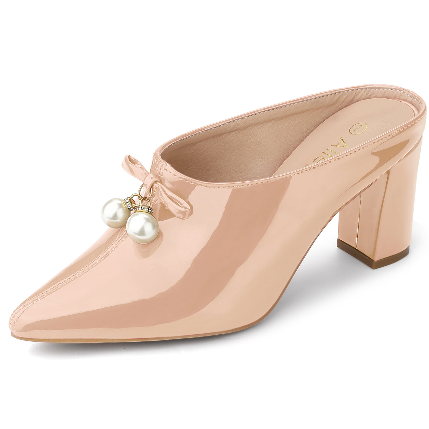 Allegra K Pointed Toe Pearl Bow Chunky Heel Slides Mules
