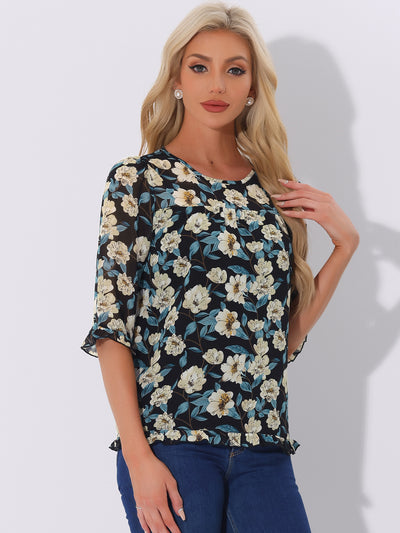 Casual Ruffle 3/4 Sleeve Floral Print Chiffon Blouse