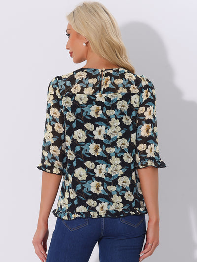 Casual Ruffle 3/4 Sleeve Floral Print Chiffon Blouse