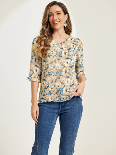 Casual Ruffle 3/4 Sleeve Floral Print Chiffon Blouse