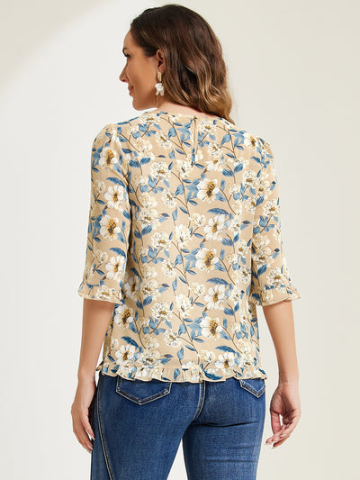 Casual Ruffle 3/4 Sleeve Floral Print Chiffon Blouse