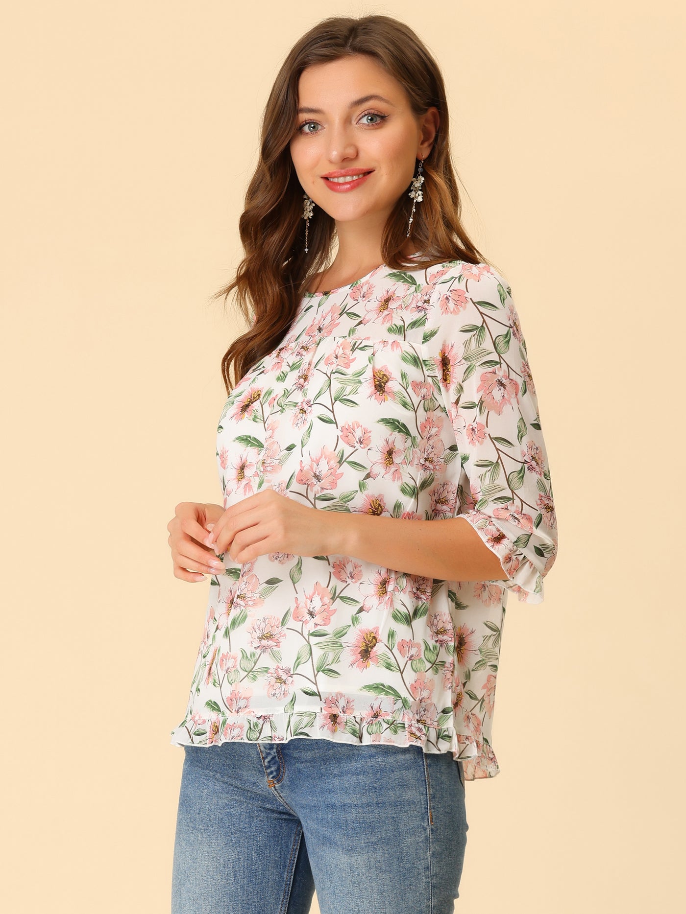 Allegra K Casual Ruffle Floral Print 3/4 Sleeve Chiffon Blouse