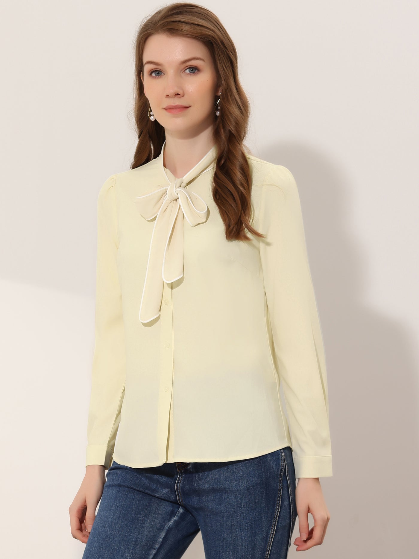 Allegra K Tie Neck Contrast Color Button Down Long Sleeve Shirt