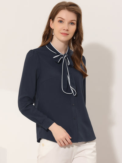 Tie Neck Contrast Color Button Down Long Sleeve Shirt