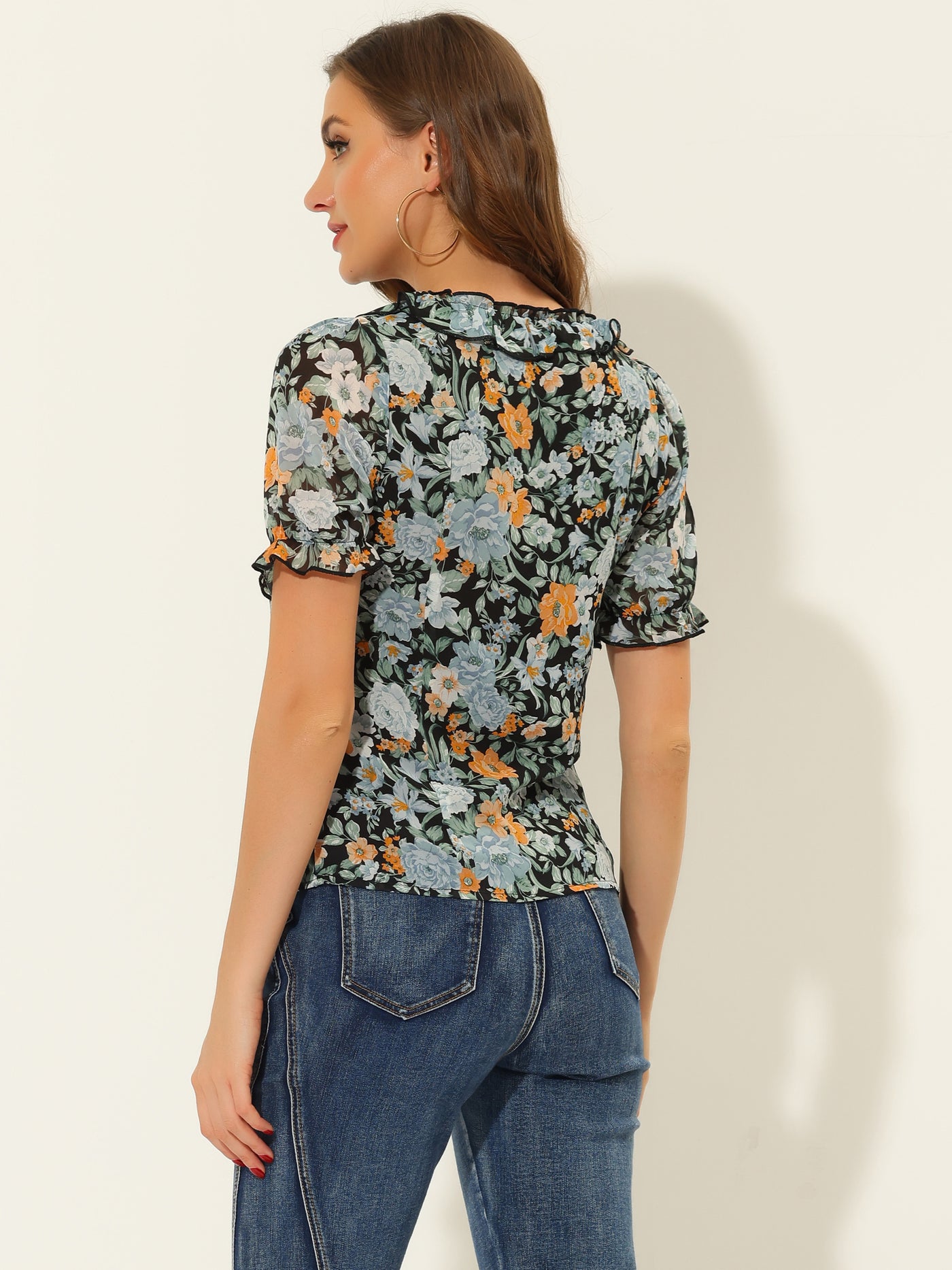 Allegra K Floral Blouse Ruffle V Neck Puff Short Sleeve Top