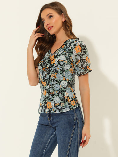 Floral Blouse Ruffle V Neck Puff Short Sleeve Top