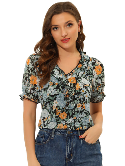 Floral Blouse Ruffle V Neck Puff Short Sleeve Top