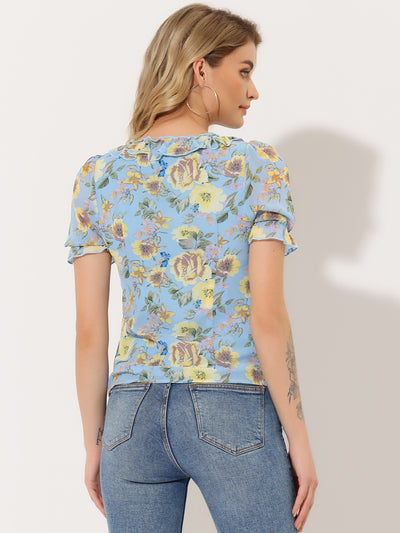 Floral Blouse Ruffle V Neck Puff Short Sleeve Top