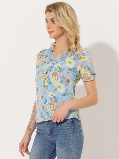 Floral Blouse Ruffle V Neck Puff Short Sleeve Top