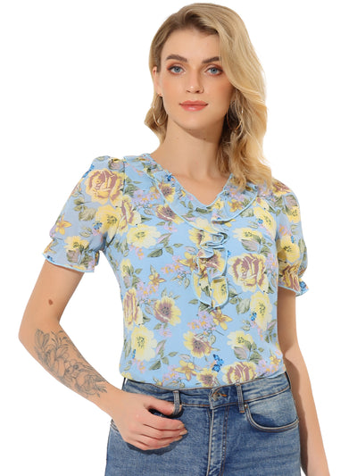 Floral Blouse Ruffle V Neck Puff Short Sleeve Top