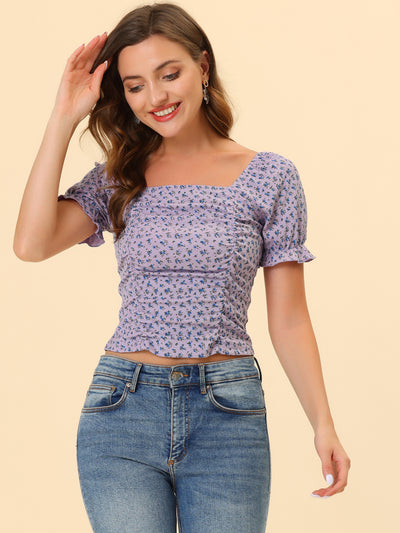 Smocked Crop Top Slim Fit Peasant Floral Blouse