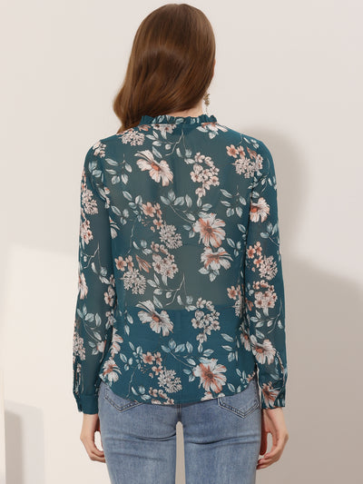 Floral Long Sleeve Lightweight Retro Ruffled Button Chiffon Shirt