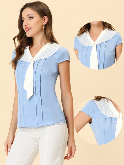 Elegant Cap Sleeve Tie Neck Pleated Work Office Blouse