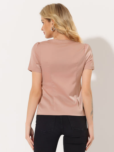 Satin Blouse Pleated Round Neck Button Front Puff Sleeve Office Top