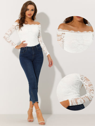 Off Shoulder Floral Lace Top Sheer Long Sleeves Casual Blouse