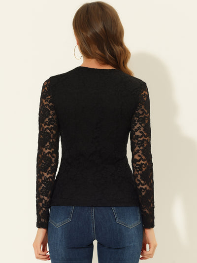 Lace Top V Neck Floral Embroidery Long Sleeve Sheer Blouse