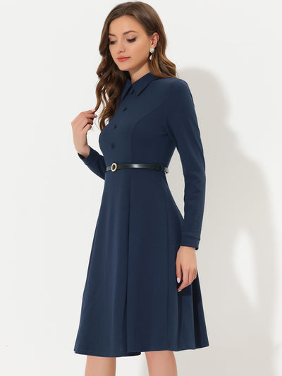 Elegant Long Sleeve Button Decor Belted Fit and Flare Dress