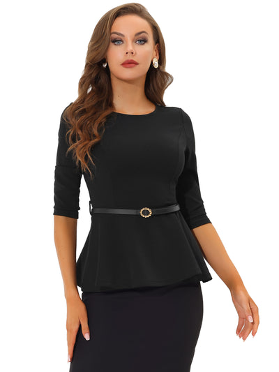 3/4 Sleeve Belted Peplum Elegant Business Work Blouse