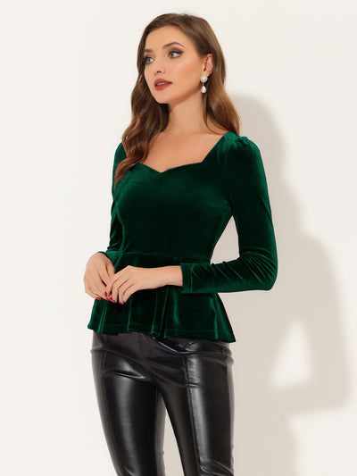 Velvet Blouse Elegant Sweetheart Neck Long Sleeve Peplum Top