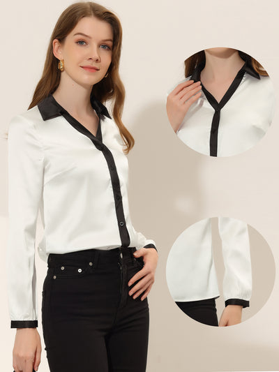 Button Up Shirt Contrast Collared Long Sleeve Satin Work Top