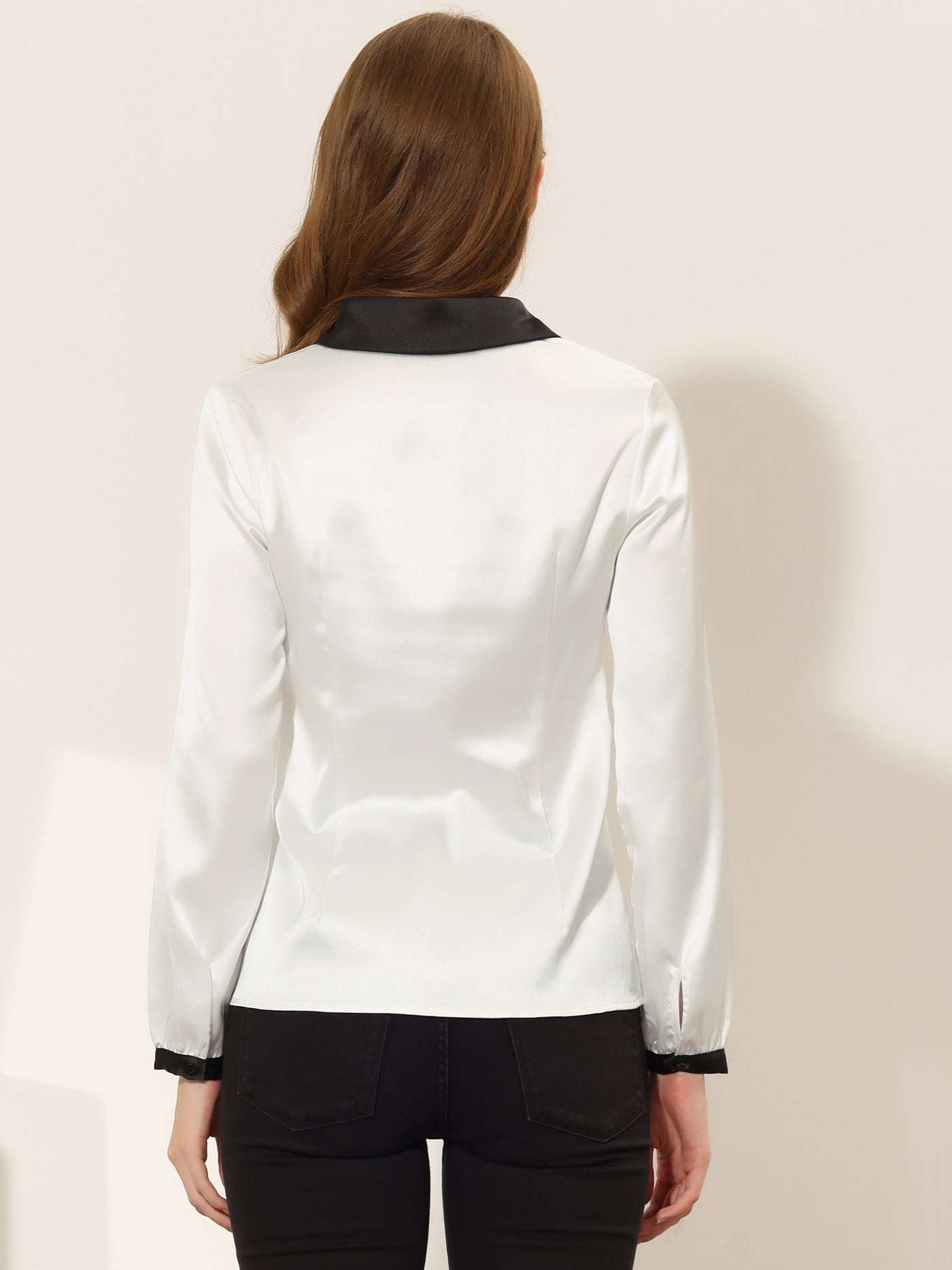 Allegra K Button Up Shirt Contrast Collared Long Sleeve Satin Work Top