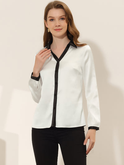 Button Up Shirt Contrast Collared Long Sleeve Satin Work Top