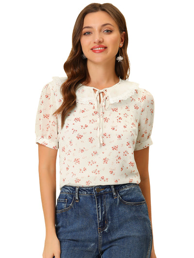 Floral Blouse Peter Pan Collar Tie Neck Chiffon Shirt Top