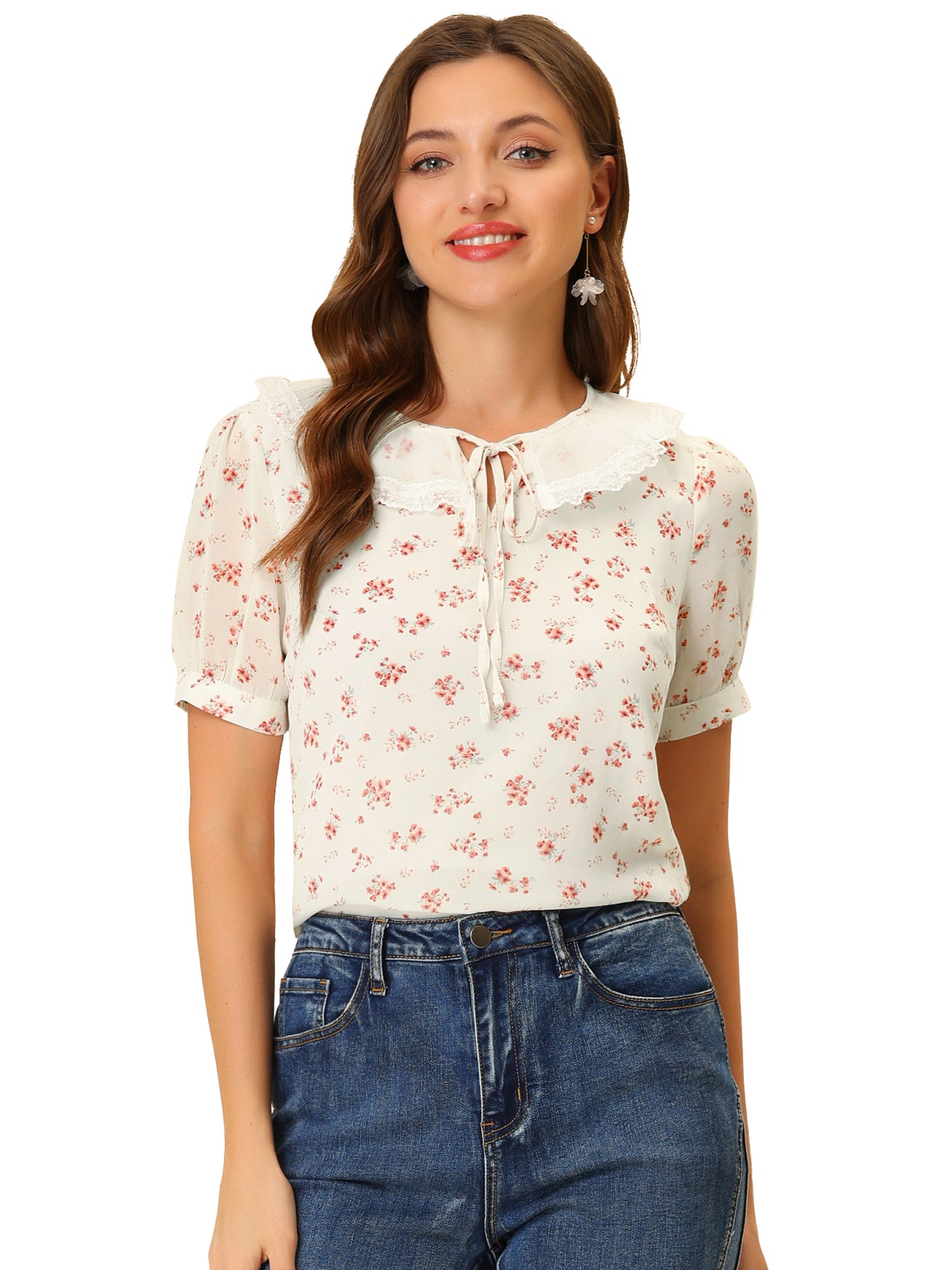 Allegra K Floral Blouse Peter Pan Collar Tie Neck Chiffon Shirt Top