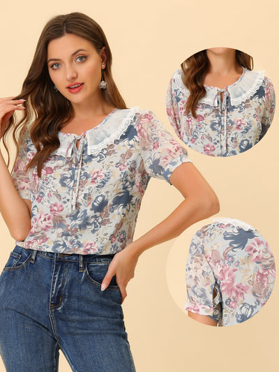 Floral Blouse Peter Pan Collar Tie Neck Chiffon Shirt Top