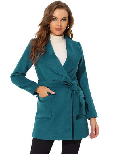 Shawl Collar Lapel Double Breasted Winter Belted Coat with Pockets