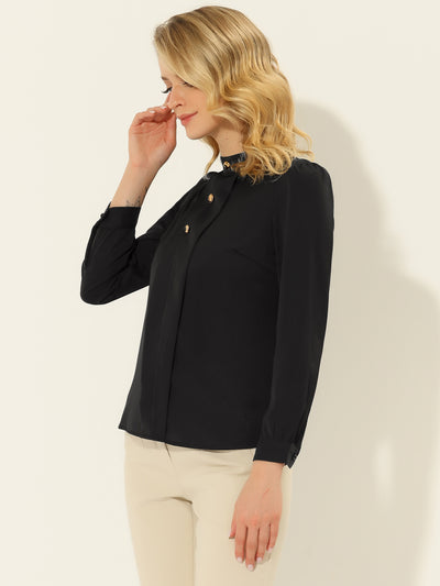 Stand Collor Button Decor Long Sleeve Chiffon Work Blouse
